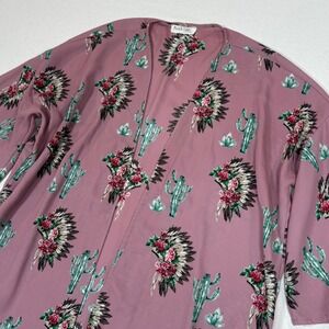 Peach Love California Womens Mauve Cactus Floral Headdress Kimono Cardigan Small